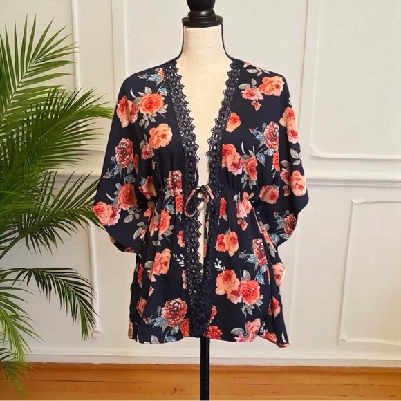 🌺 MILEY + MOLLY Navy Floral Kimono Tie-Front Cardigan – Medium - Picture 1 of 10